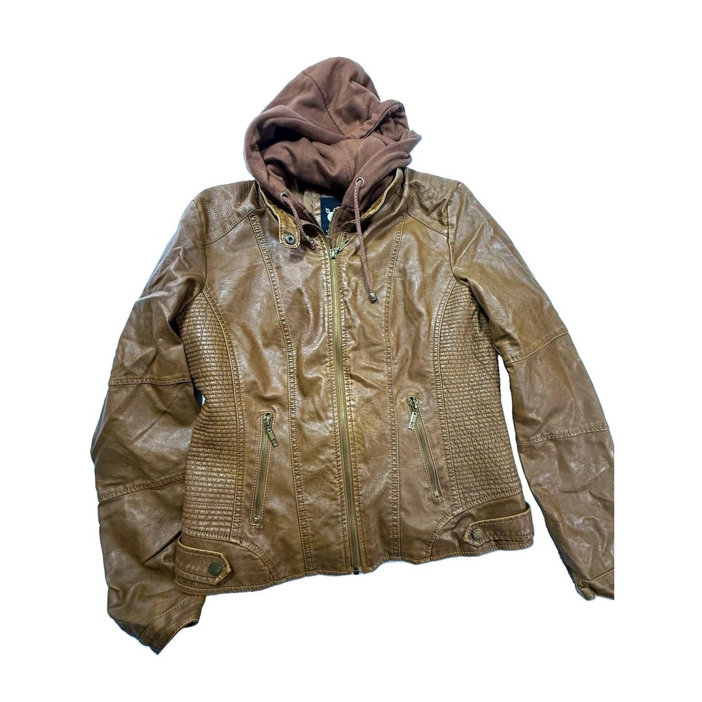 Lock & Love Women's Brown Hooded Faux Leather Zip Lined Biker‎ Jacket L WJC1044